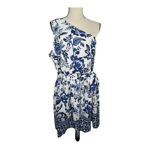 Cupshe Blue & White Floral One-Shoulder Mini Dress Size XL - Picture 3 of 9